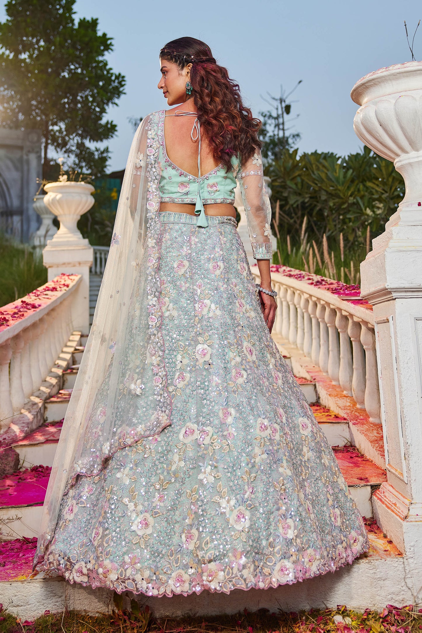 Sea Green net with Sequinse & Zarkan embroidery Lehenga choli & Dupatta