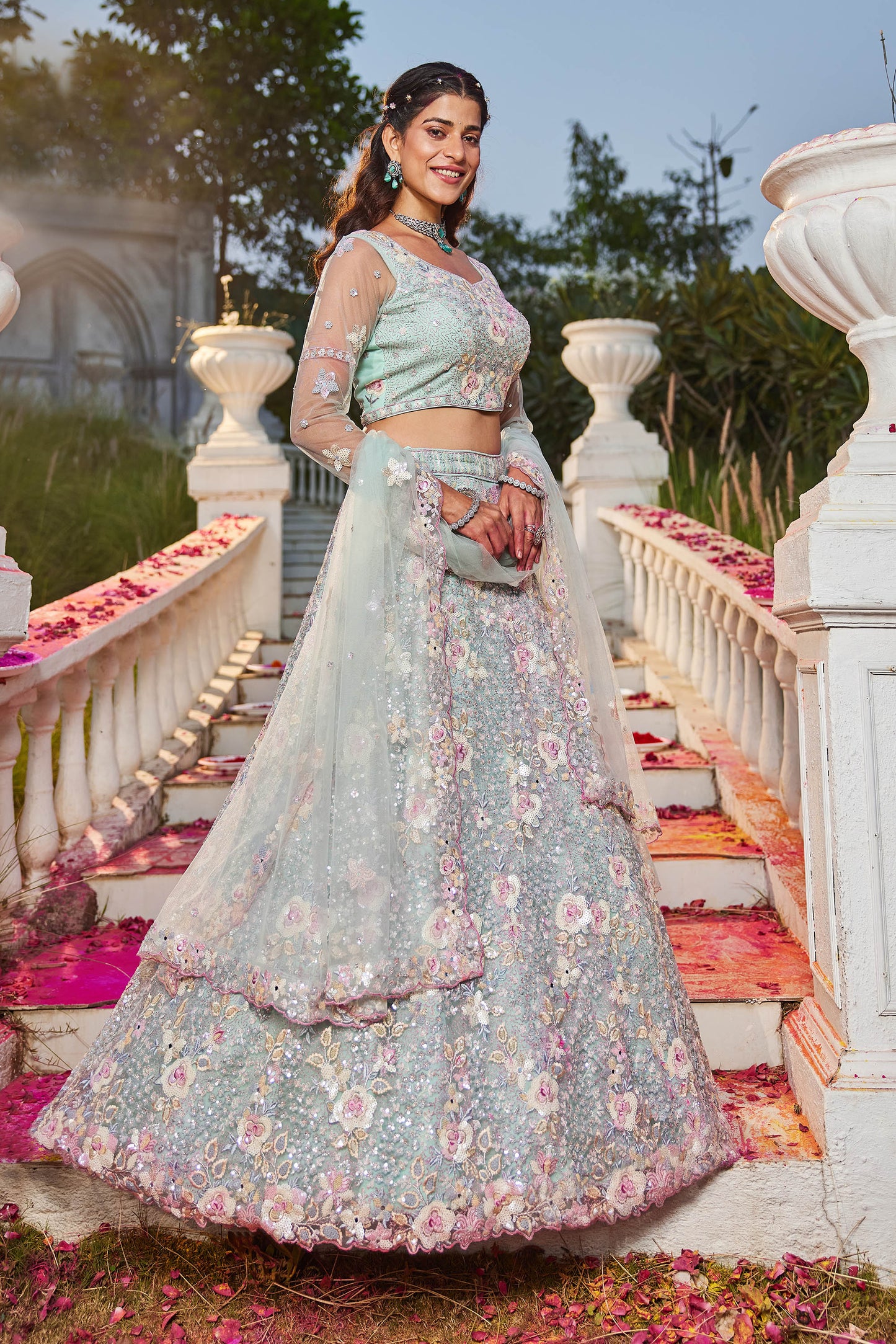 Sea Green net with Sequinse & Zarkan embroidery Lehenga choli & Dupatta