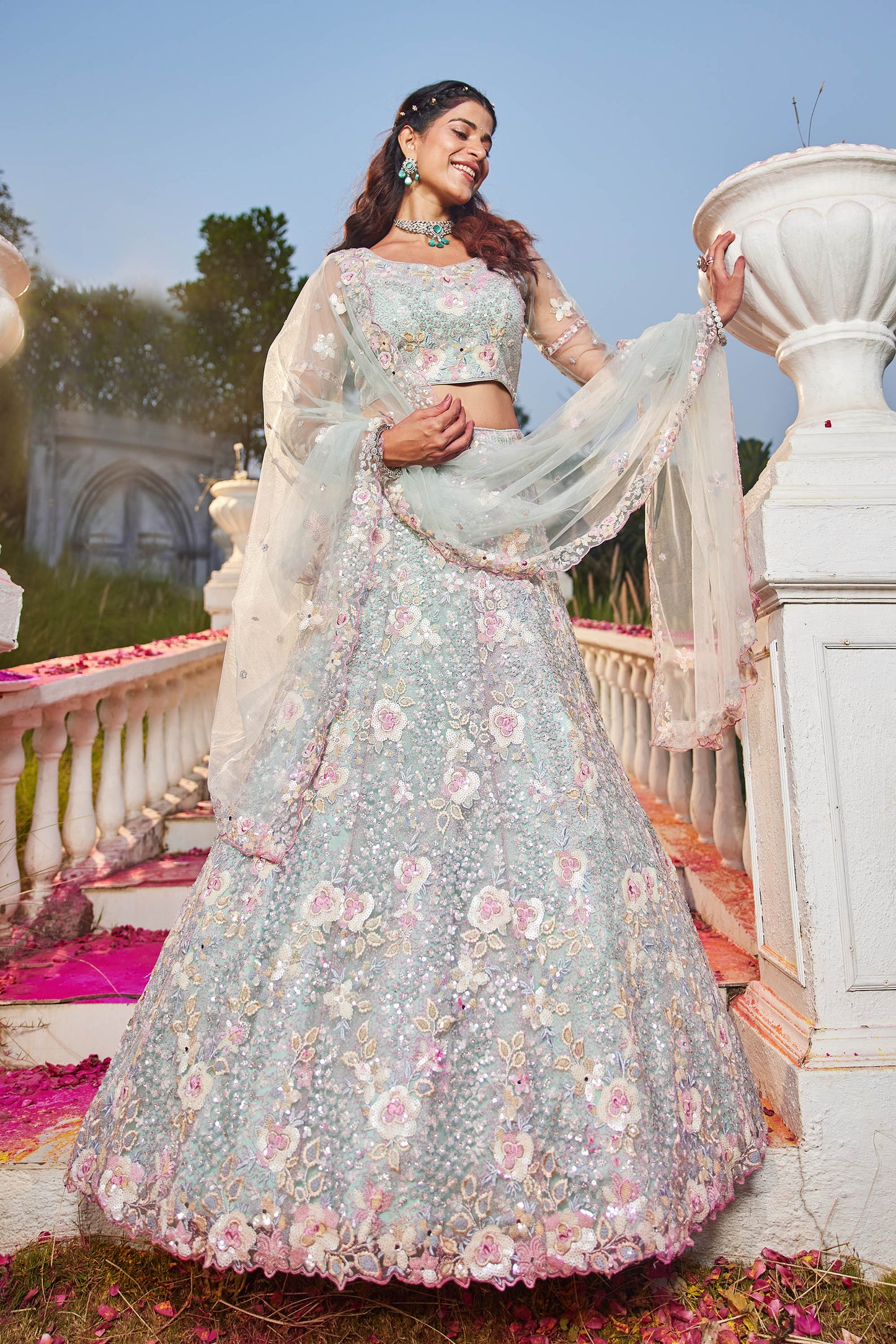 Sea Green net with Sequinse & Zarkan embroidery Lehenga choli & Dupatta