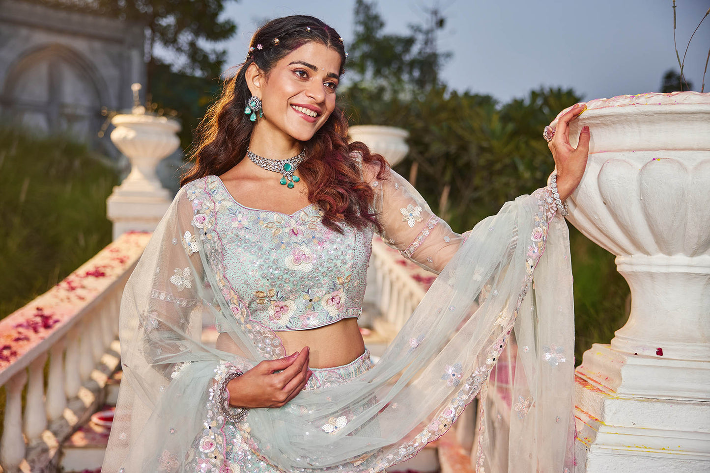 Sea Green net with Sequinse & Zarkan embroidery Lehenga choli & Dupatta