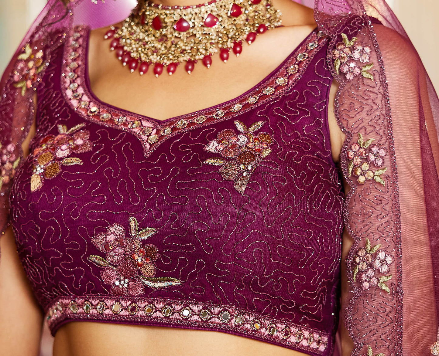 Burgundy net with Coding & Zarkan embroidery Lehenga choli & Dupatta