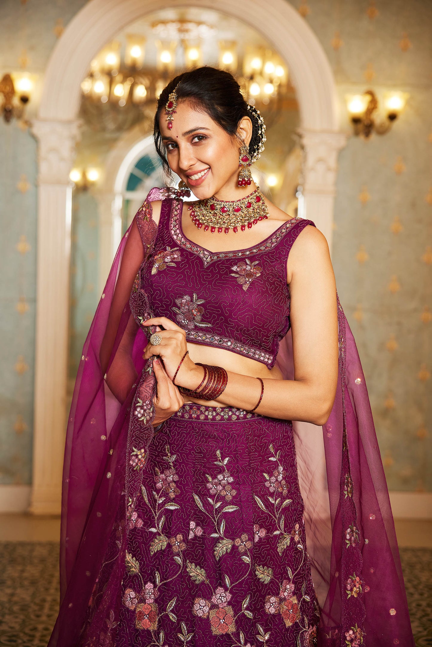 Burgundy net with Coding & Zarkan embroidery Lehenga choli & Dupatta