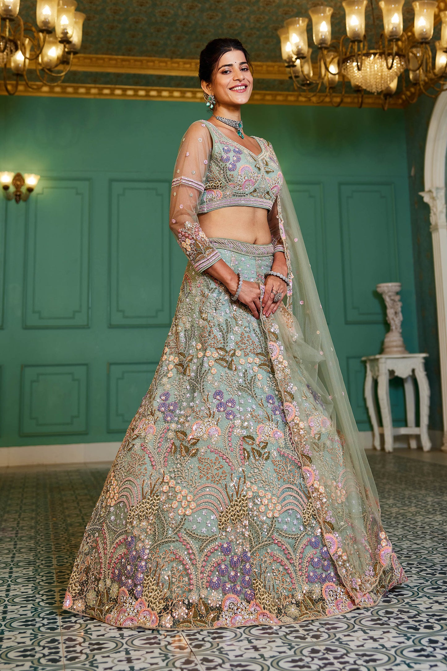 Lime Green net with Coding & Zarkan embroidery Lehenga choli & Dupatta