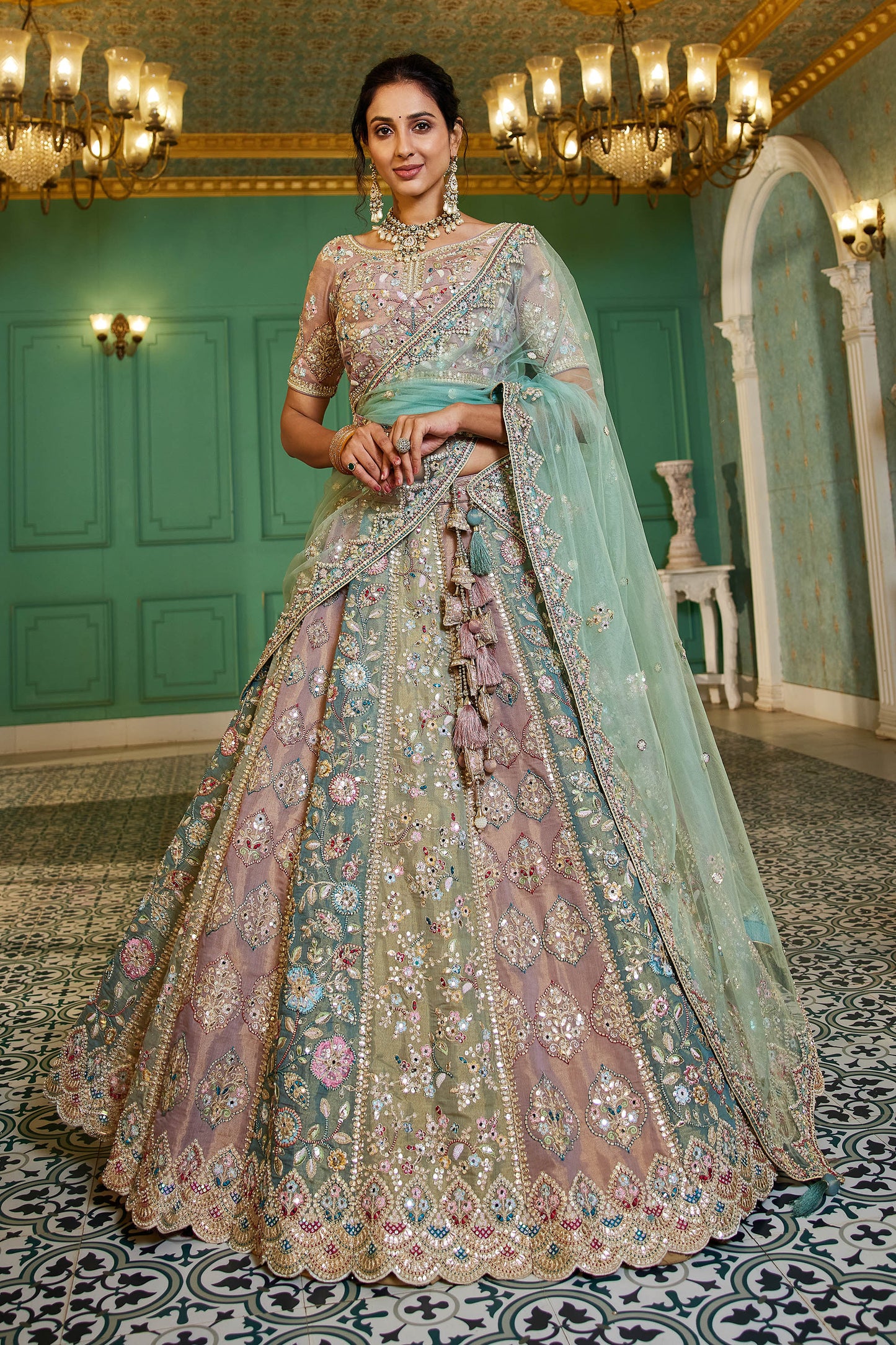 Multi colour Bridal net and Gotapatti & Moti embroidery Lehenga choli & Dupatta