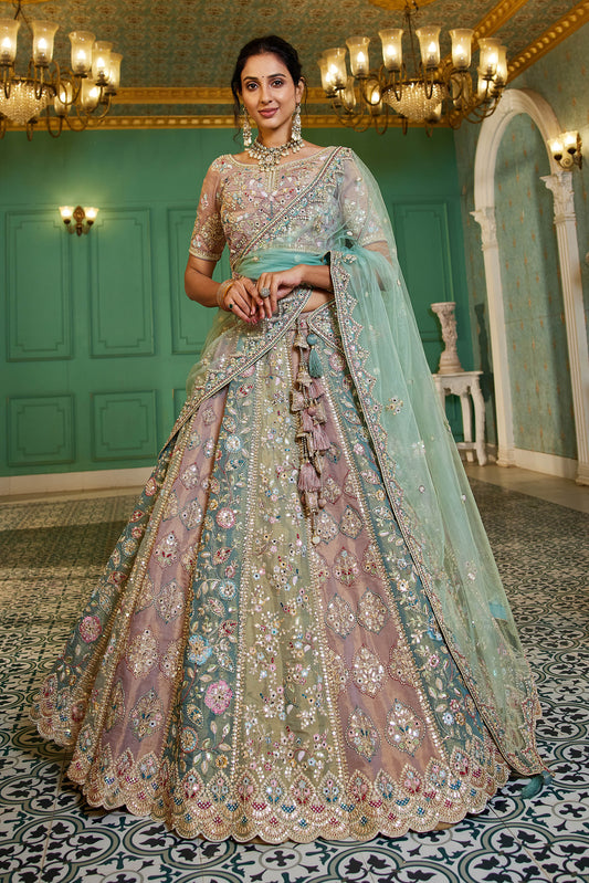 Multi colour Bridal net and Gotapatti & Moti embroidery Lehenga choli & Dupatta