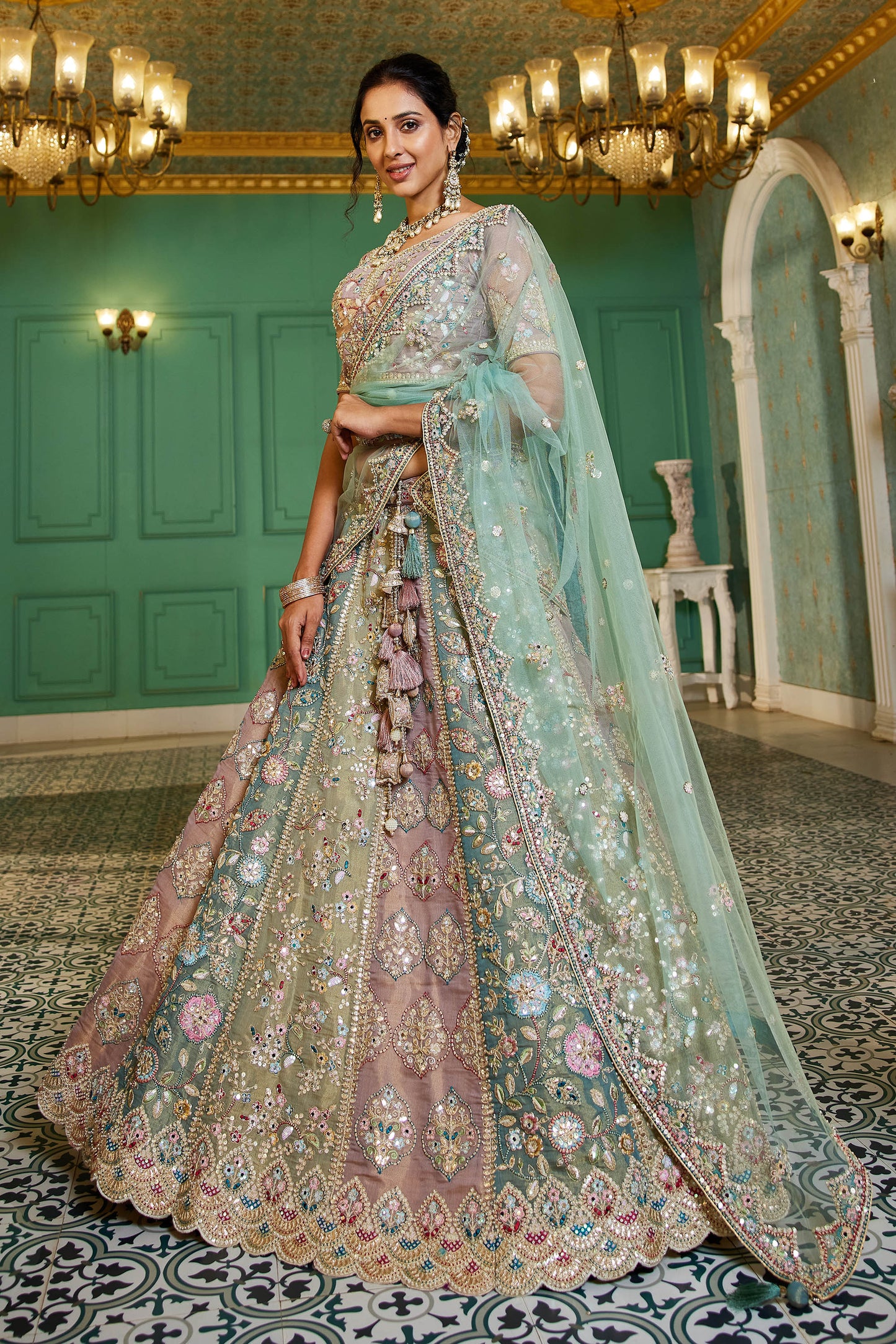 Multi colour Bridal net and Gotapatti & Moti embroidery Lehenga choli & Dupatta
