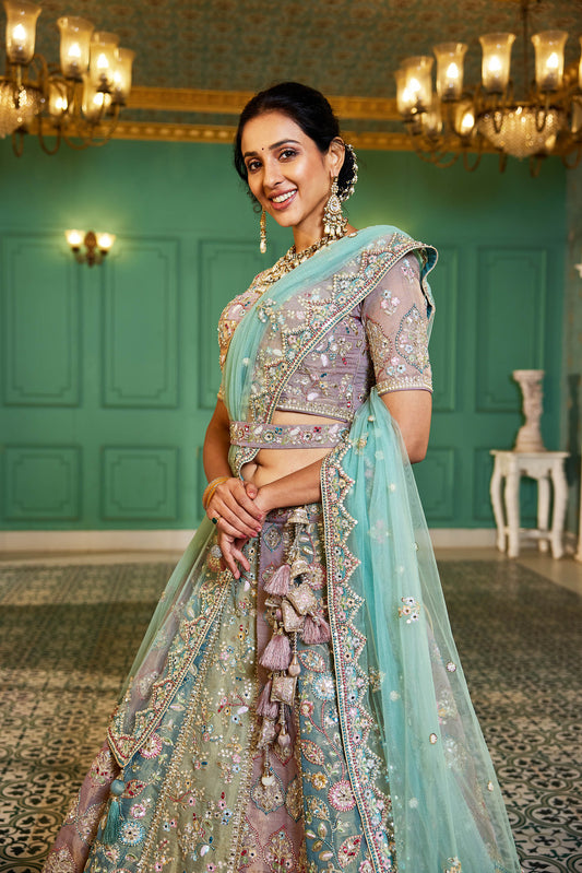 Multi colour Bridal net and Gotapatti & Moti embroidery Lehenga choli & Dupatta