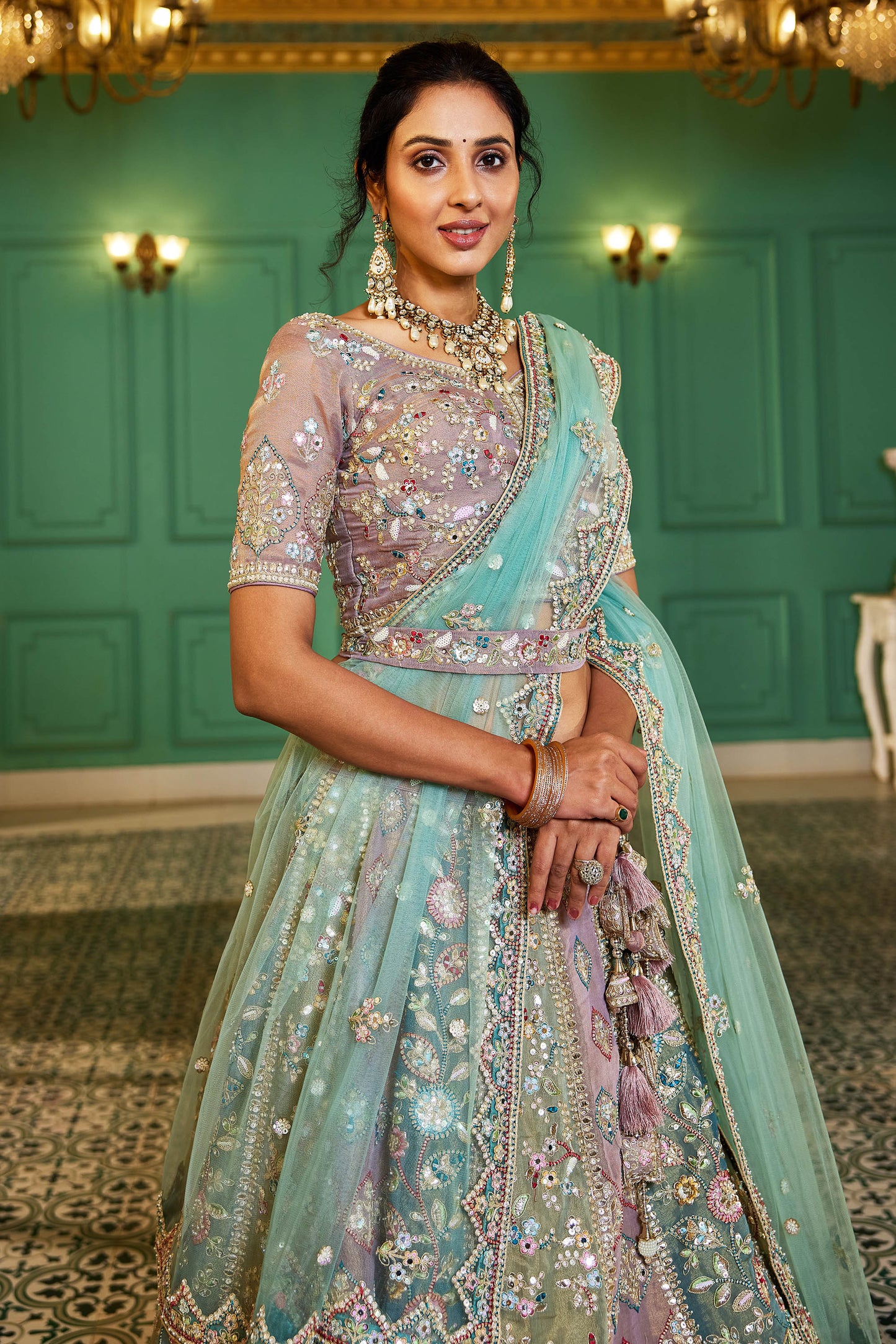 Multi colour Bridal net and Gotapatti & Moti embroidery Lehenga choli & Dupatta