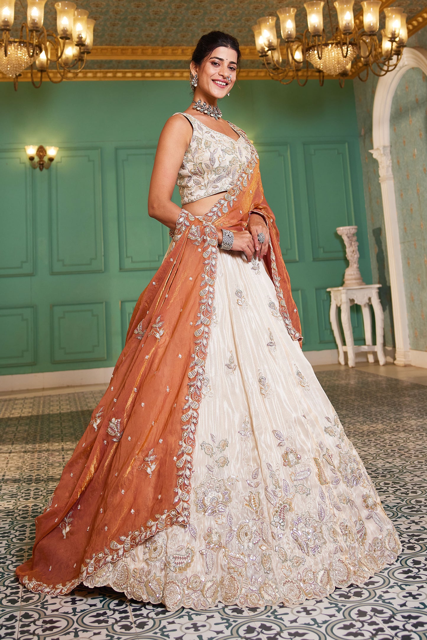 Orange colour tissue Fabric with Sequins & Thread embroidery Lehenga choli & Dupatta