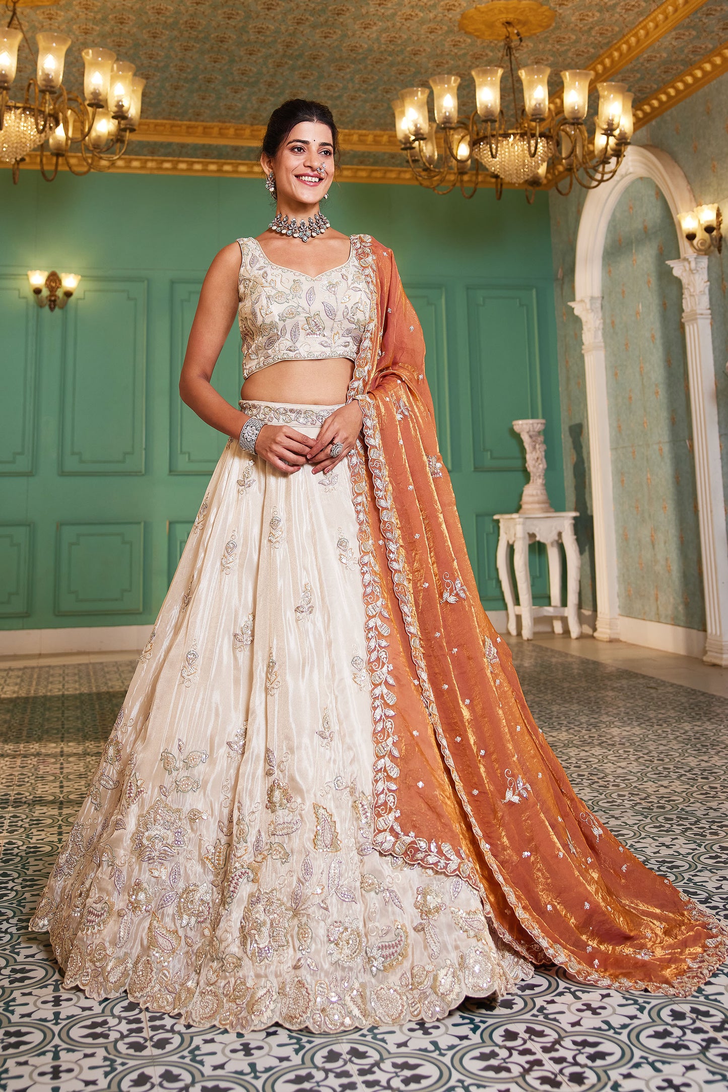 Orange colour tissue Fabric with Sequins & Thread embroidery Lehenga choli & Dupatta
