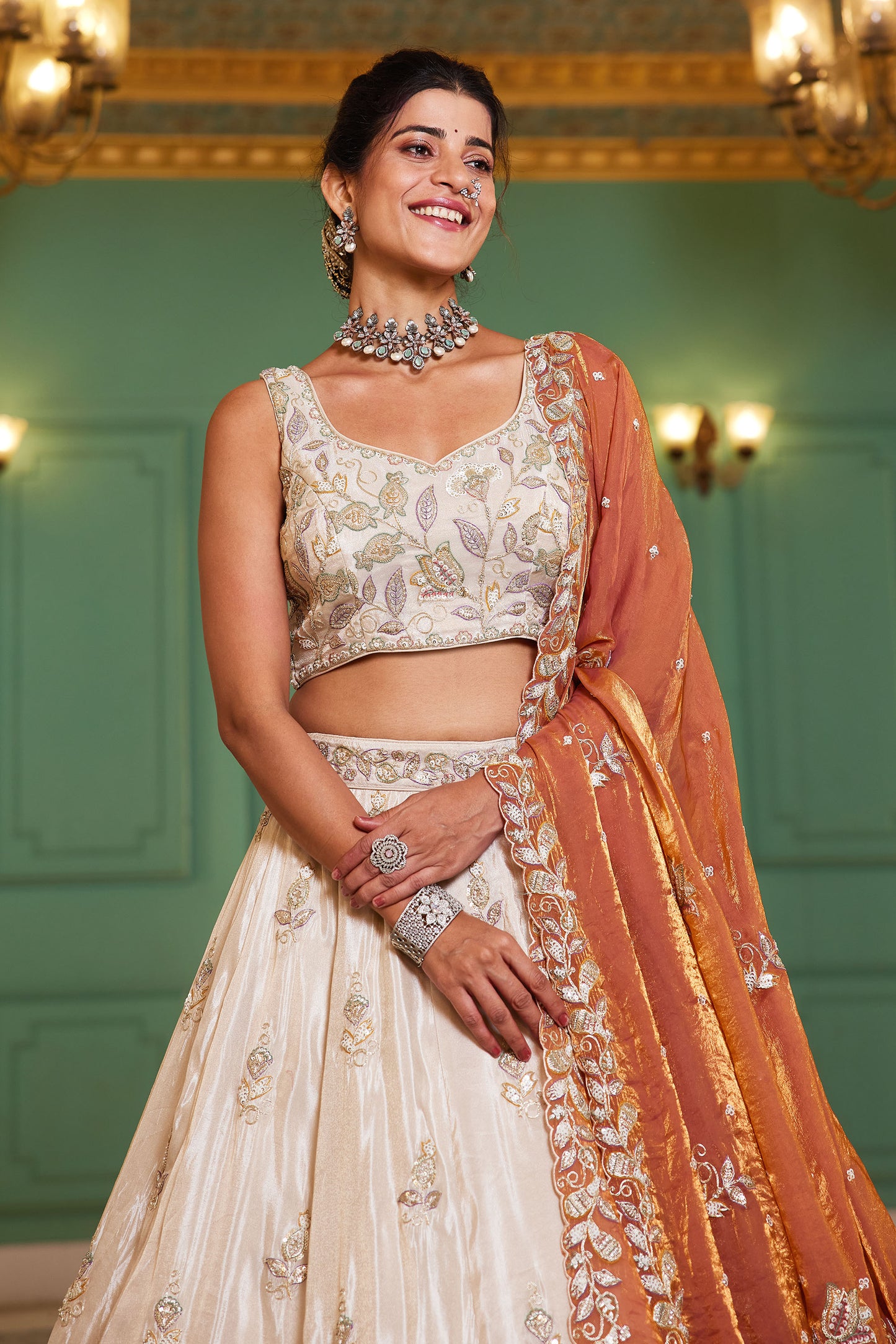 Orange colour tissue Fabric with Sequins & Thread embroidery Lehenga choli & Dupatta