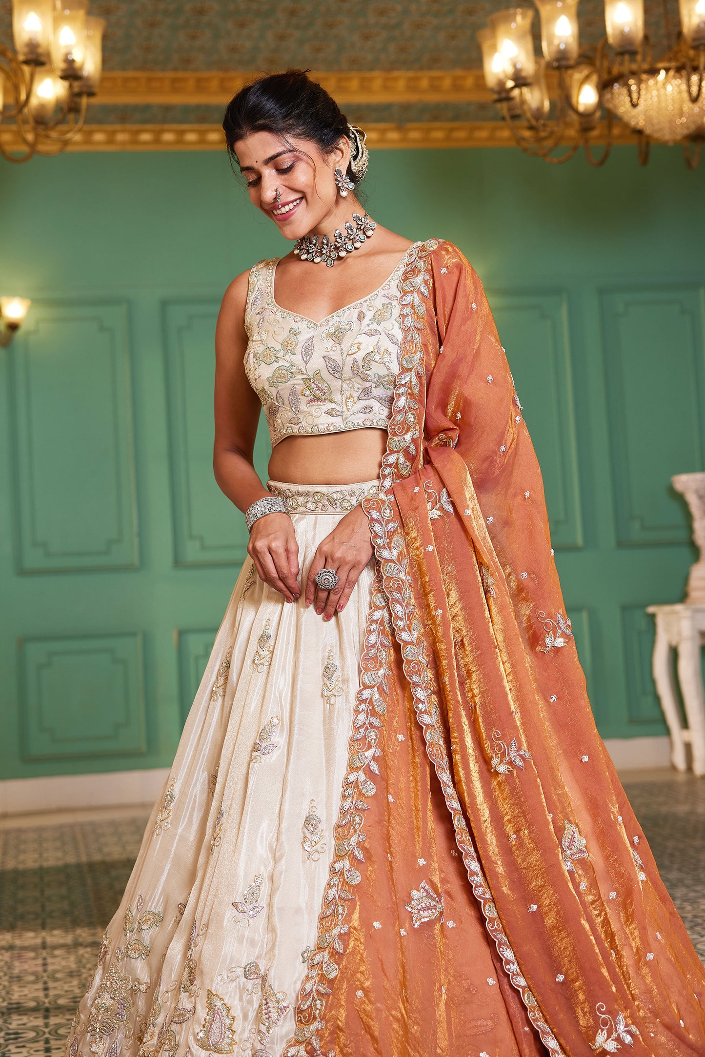 Orange colour tissue Fabric with Sequins & Thread embroidery Lehenga choli & Dupatta