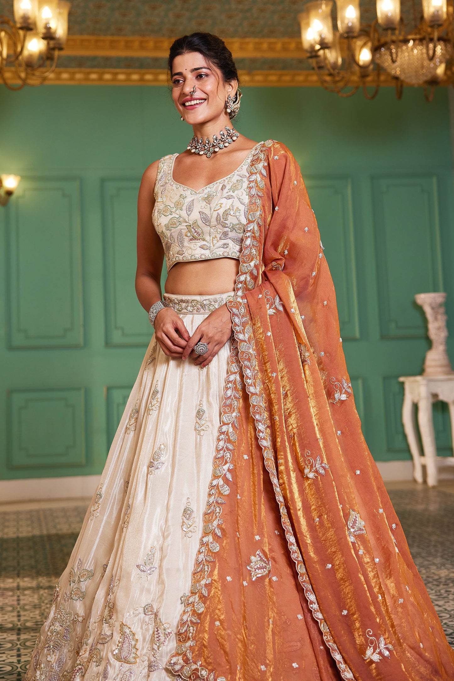 Orange colour tissue Fabric with Sequins & Thread embroidery Lehenga choli & Dupatta