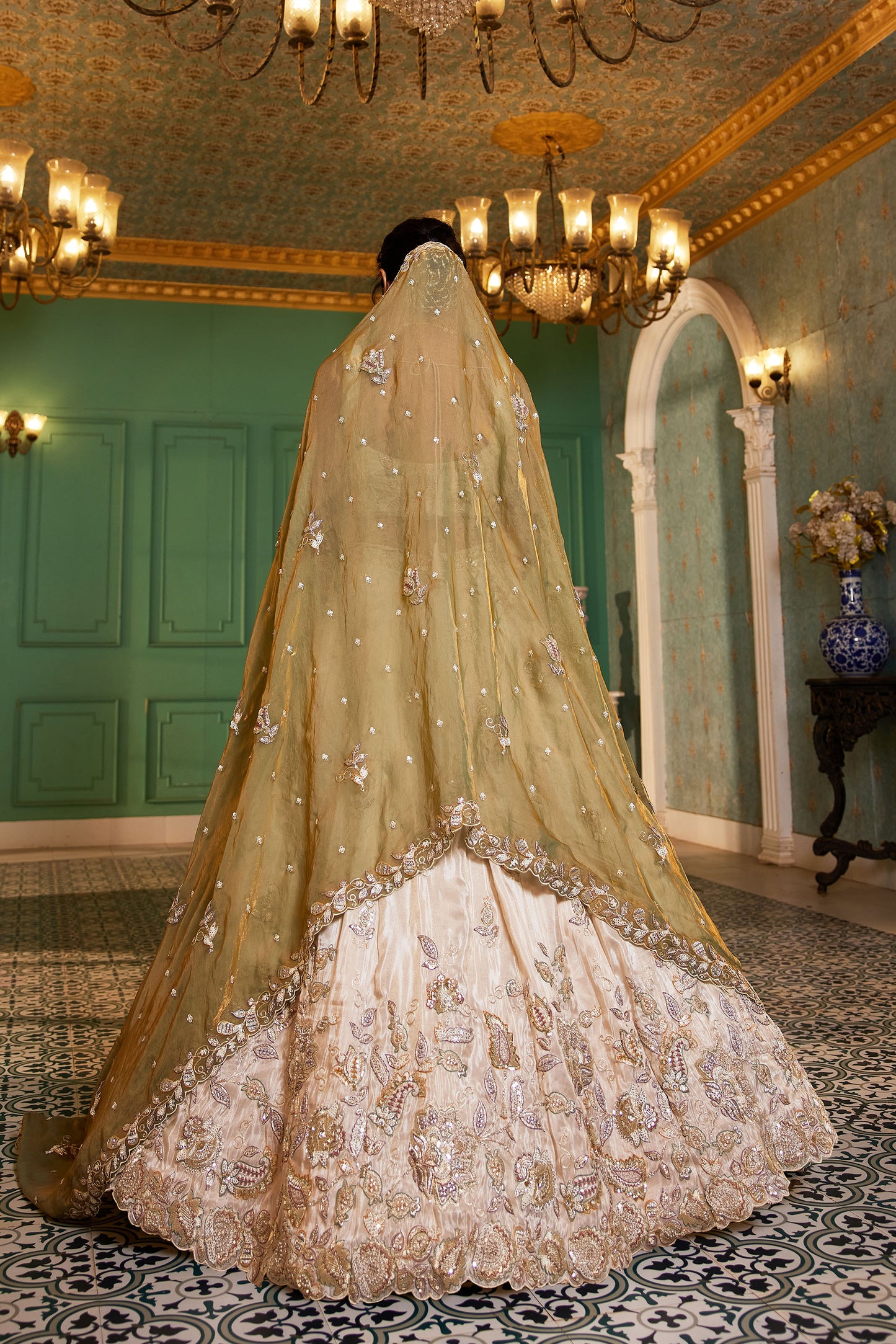 Green colour tissue Fabric with Sequins & Thread embroidery Lehenga choli & Dupatta