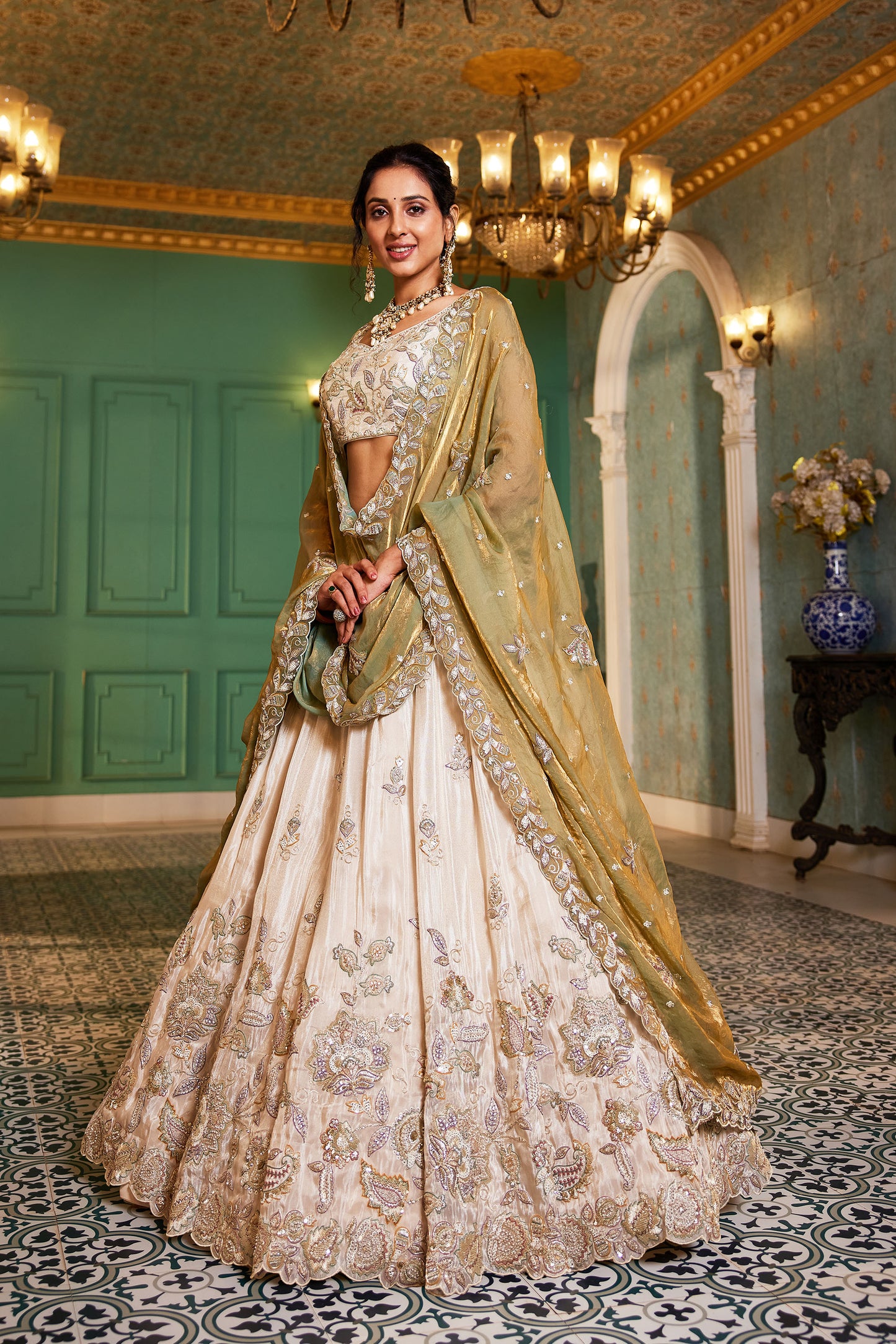 Green colour tissue Fabric with Sequins & Thread embroidery Lehenga choli & Dupatta