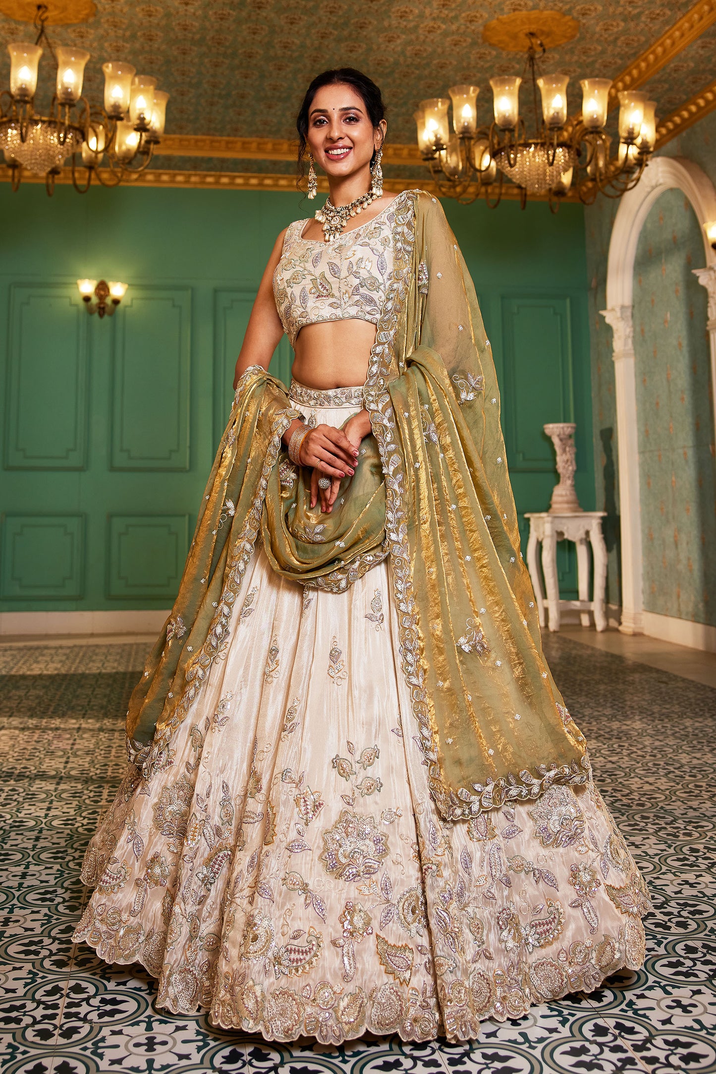 Green colour tissue Fabric with Sequins & Thread embroidery Lehenga choli & Dupatta