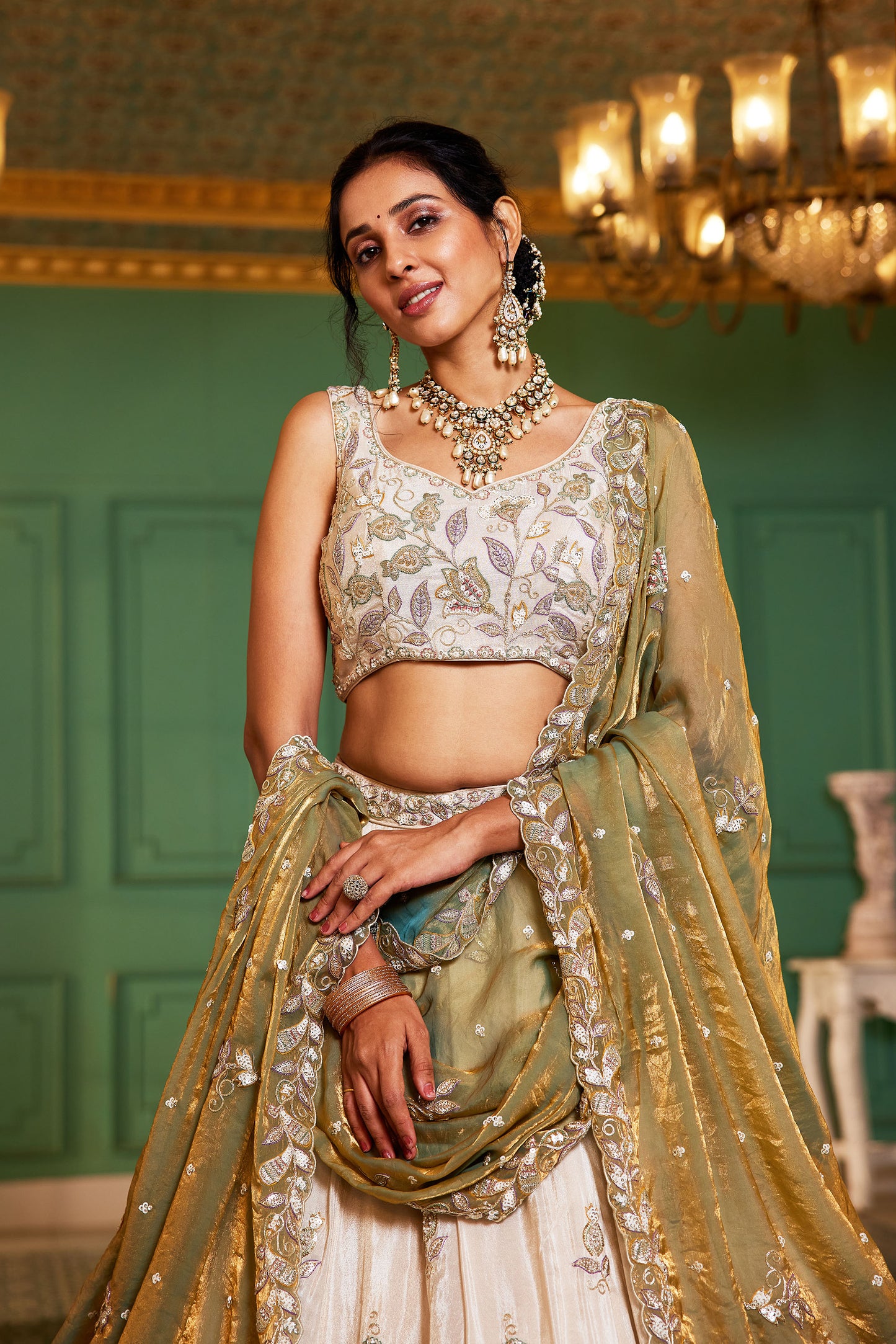 Green colour tissue Fabric with Sequins & Thread embroidery Lehenga choli & Dupatta