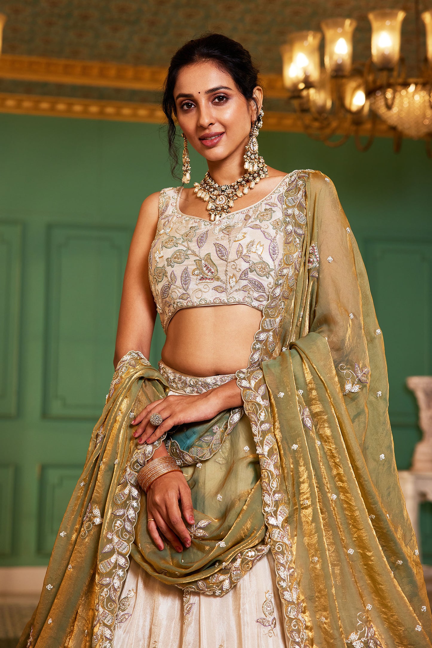 Green colour tissue Fabric with Sequins & Thread embroidery Lehenga choli & Dupatta