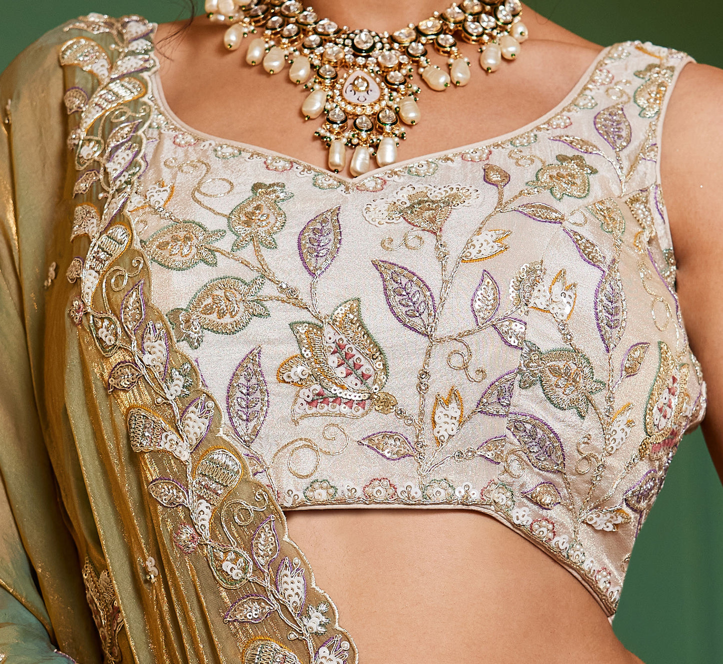 Green colour tissue Fabric with Sequins & Thread embroidery Lehenga choli & Dupatta