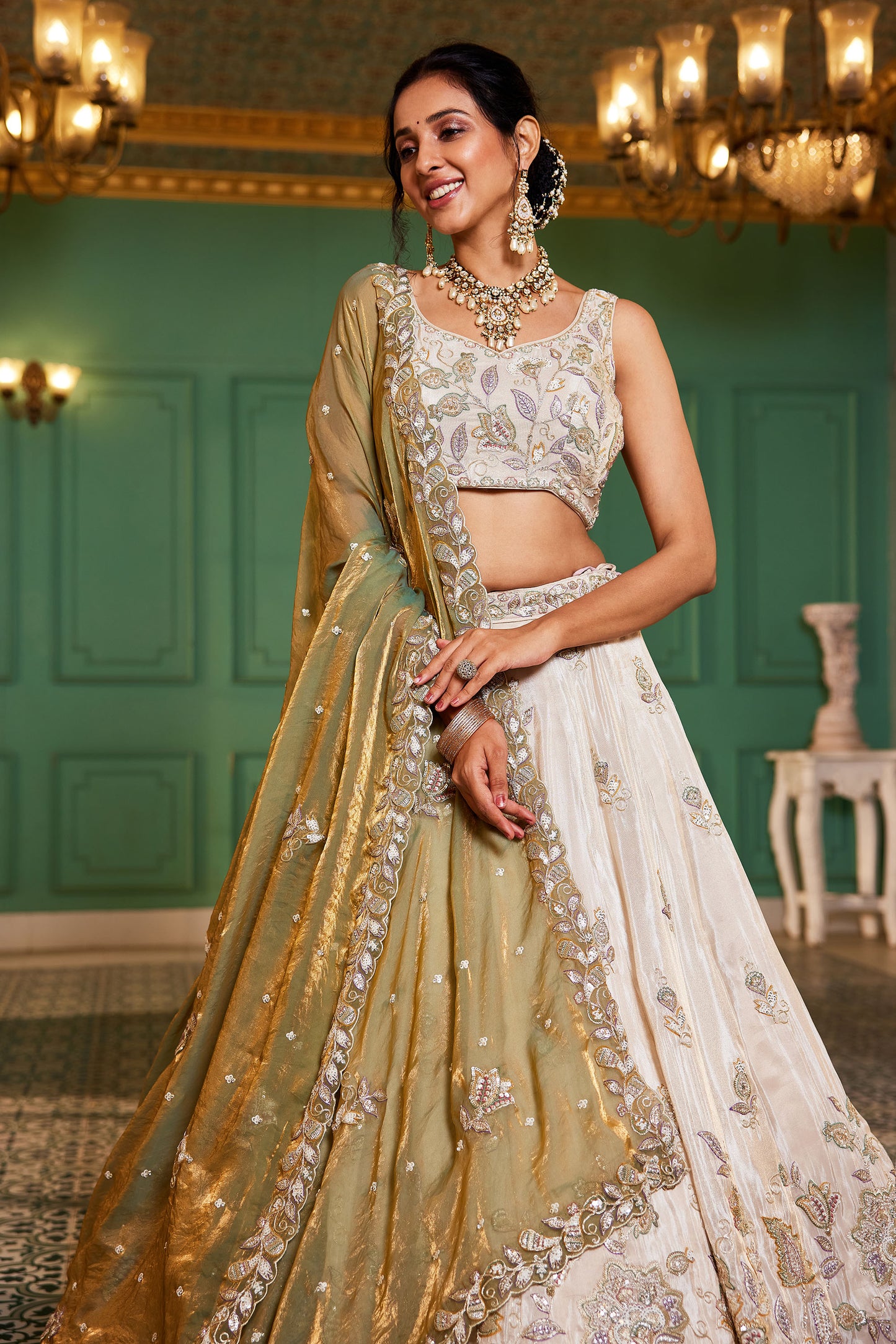 Green colour tissue Fabric with Sequins & Thread embroidery Lehenga choli & Dupatta