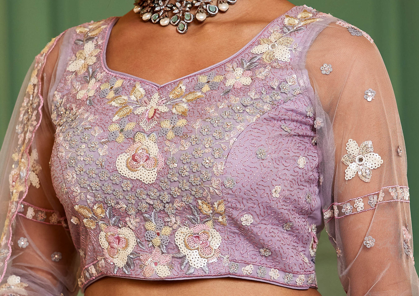 Mauve net with Sequinse & Zarkan embroidery Lehenga choli & Dupatta