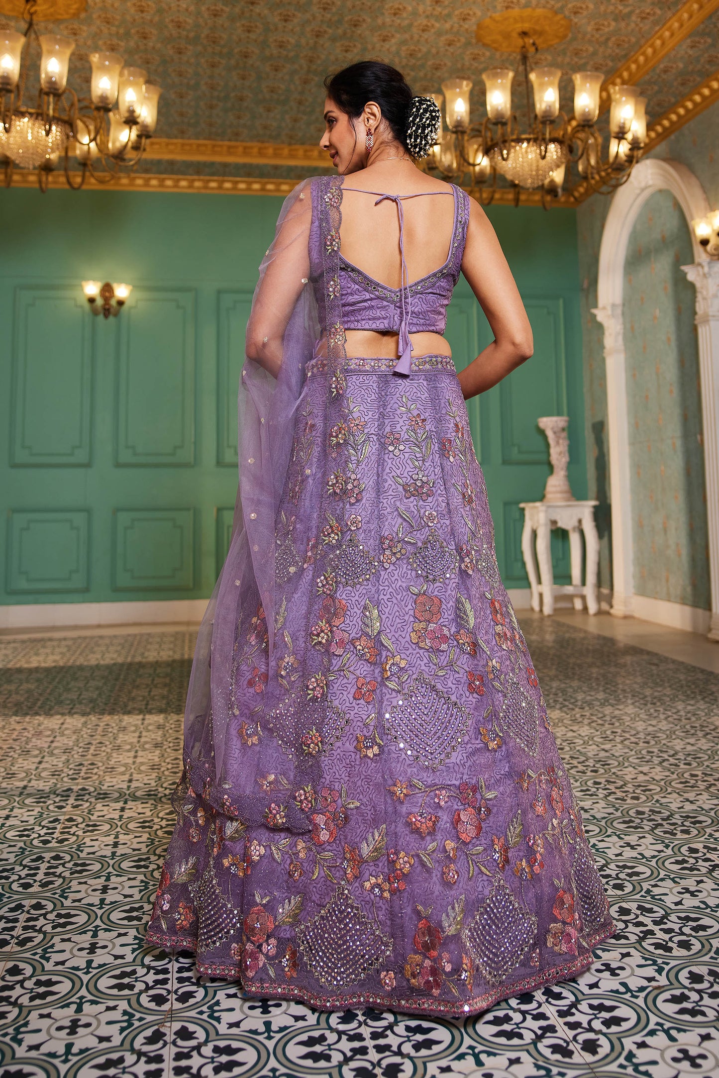 Lavender net with Coding & Zarkan embroidery Lehenga choli & Dupatta