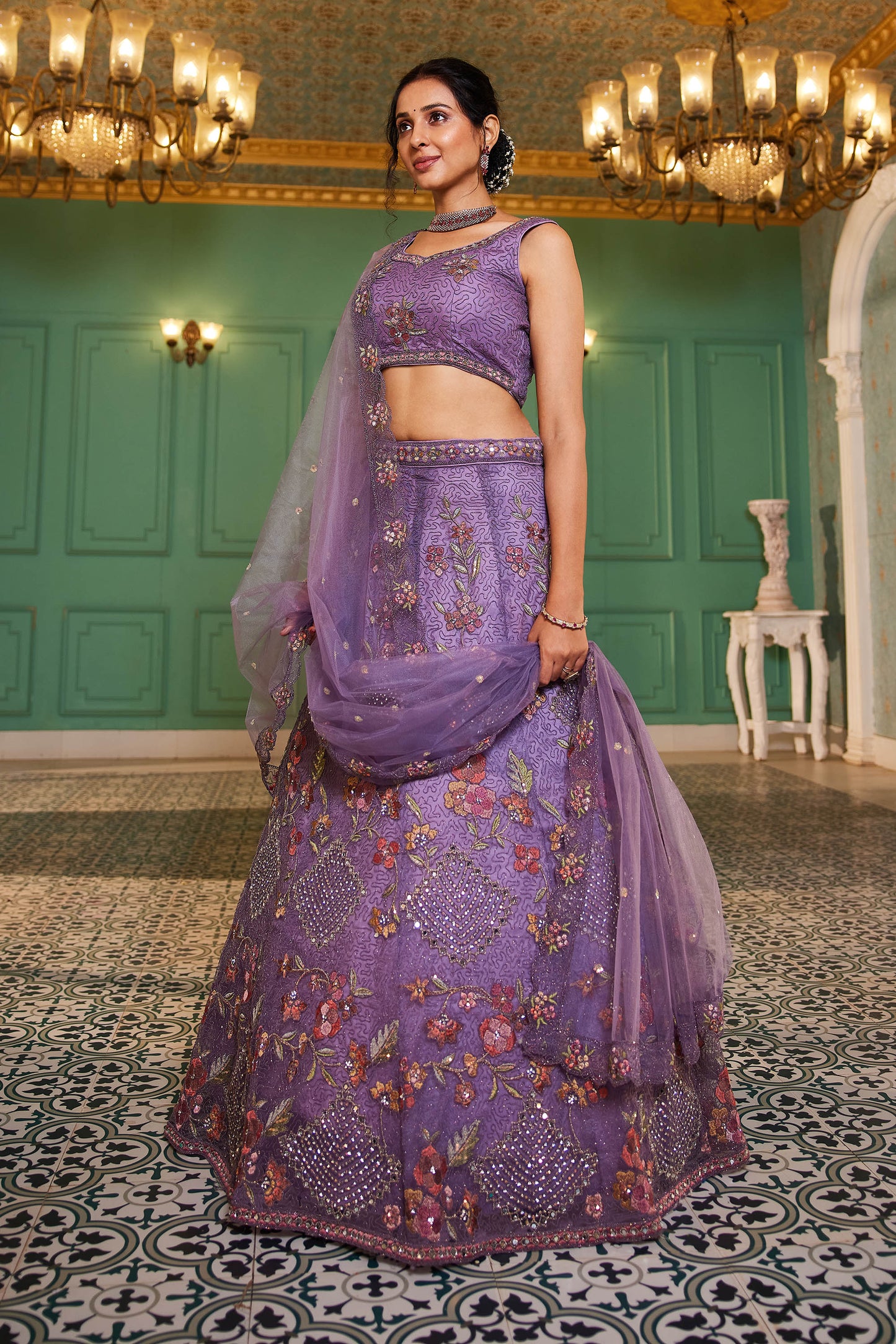 Lavender net with Coding & Zarkan embroidery Lehenga choli & Dupatta