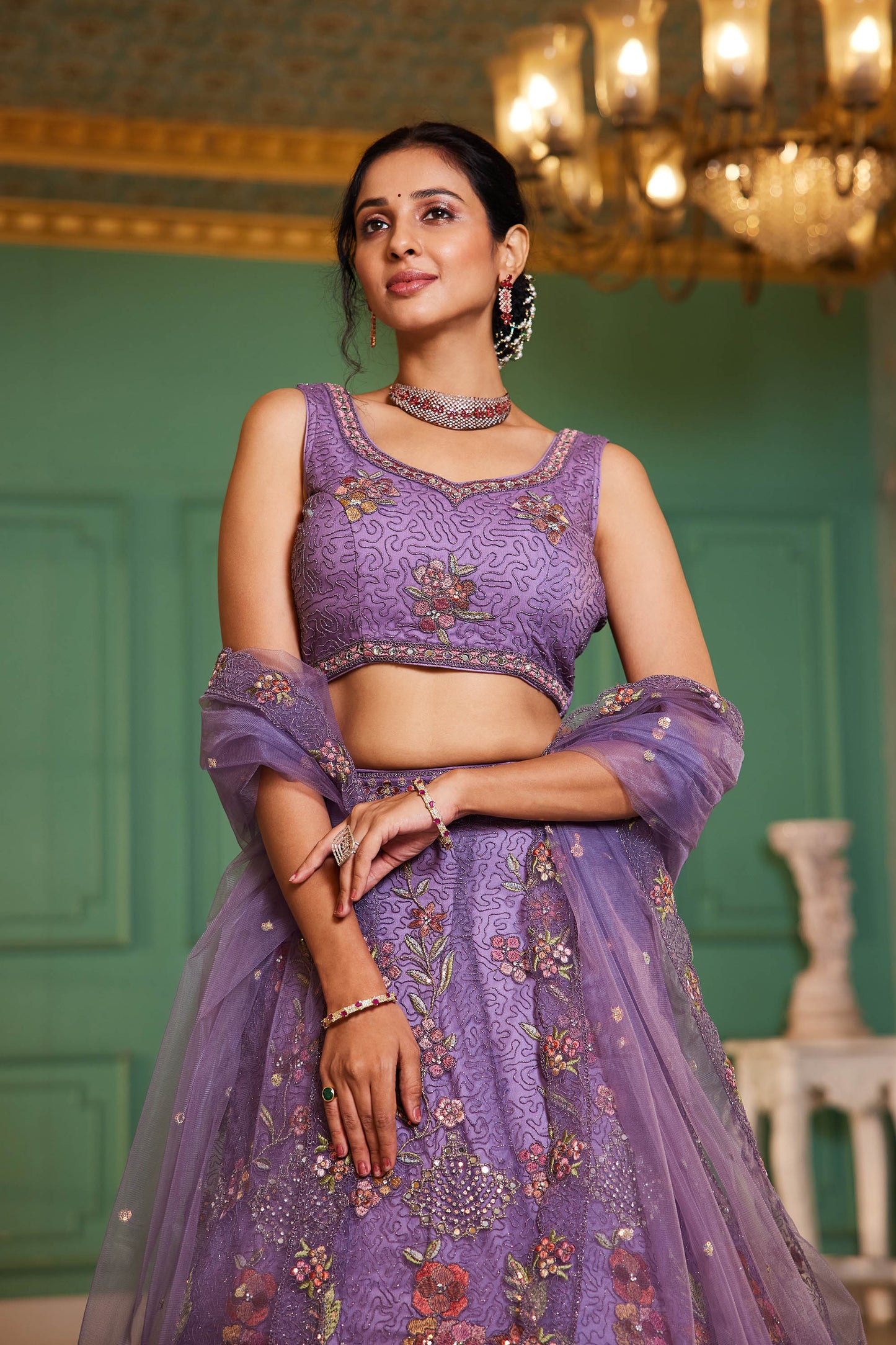 Lavender net with Coding & Zarkan embroidery Lehenga choli & Dupatta