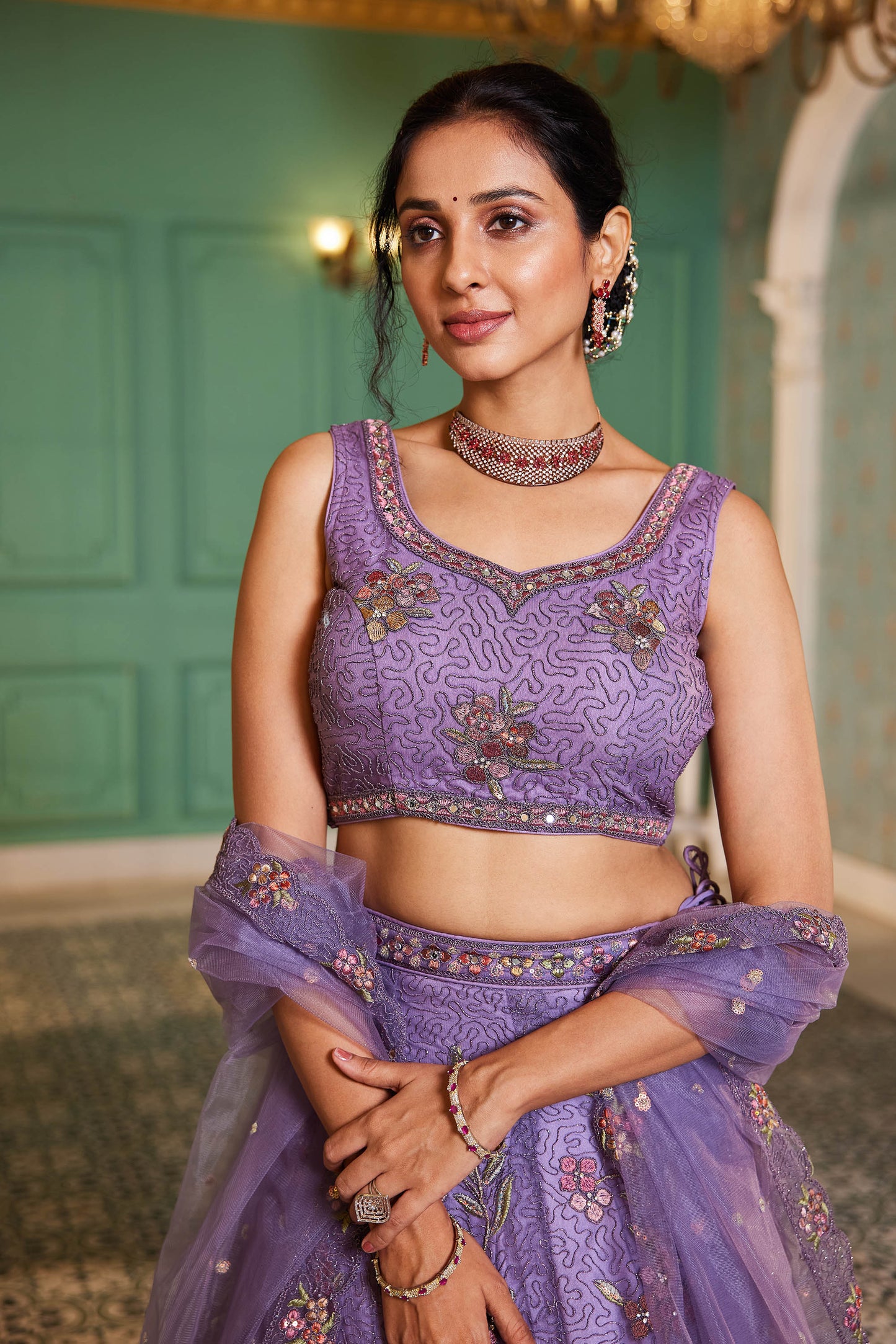 Lavender net with Coding & Zarkan embroidery Lehenga choli & Dupatta