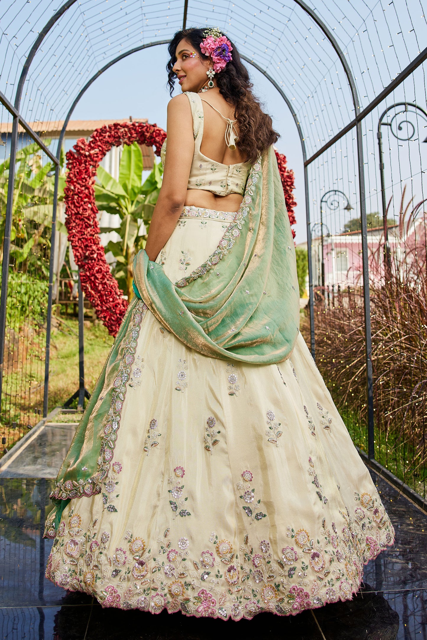 Green colour tissue Fabric with Sequins & Thread embroidery Lehenga choli & Dupatta