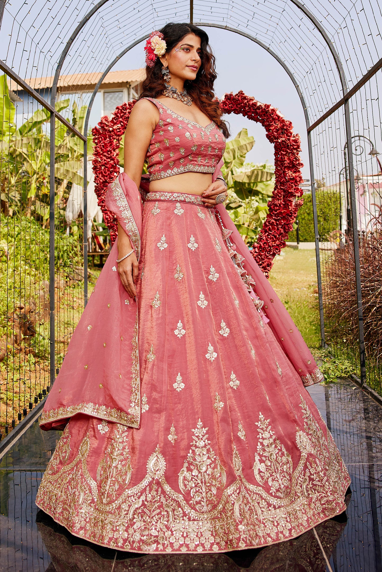 Pink colour Orange with Sequinse & Moti embroidery Lehenga choli & Dupatta