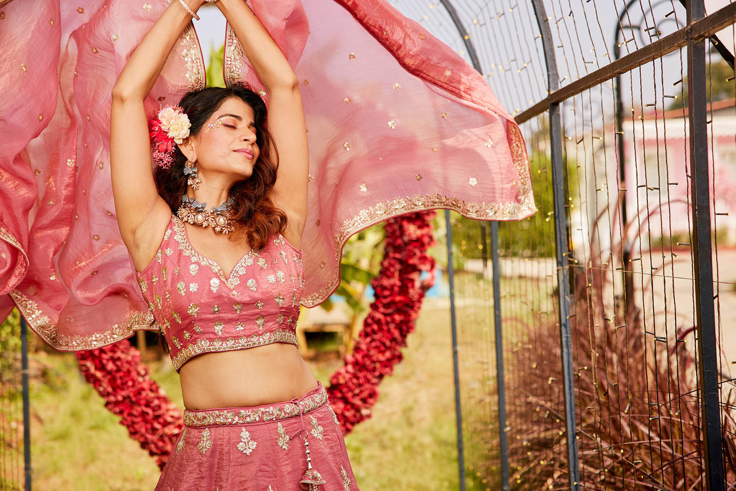Pink colour Orange with Sequinse & Moti embroidery Lehenga choli & Dupatta