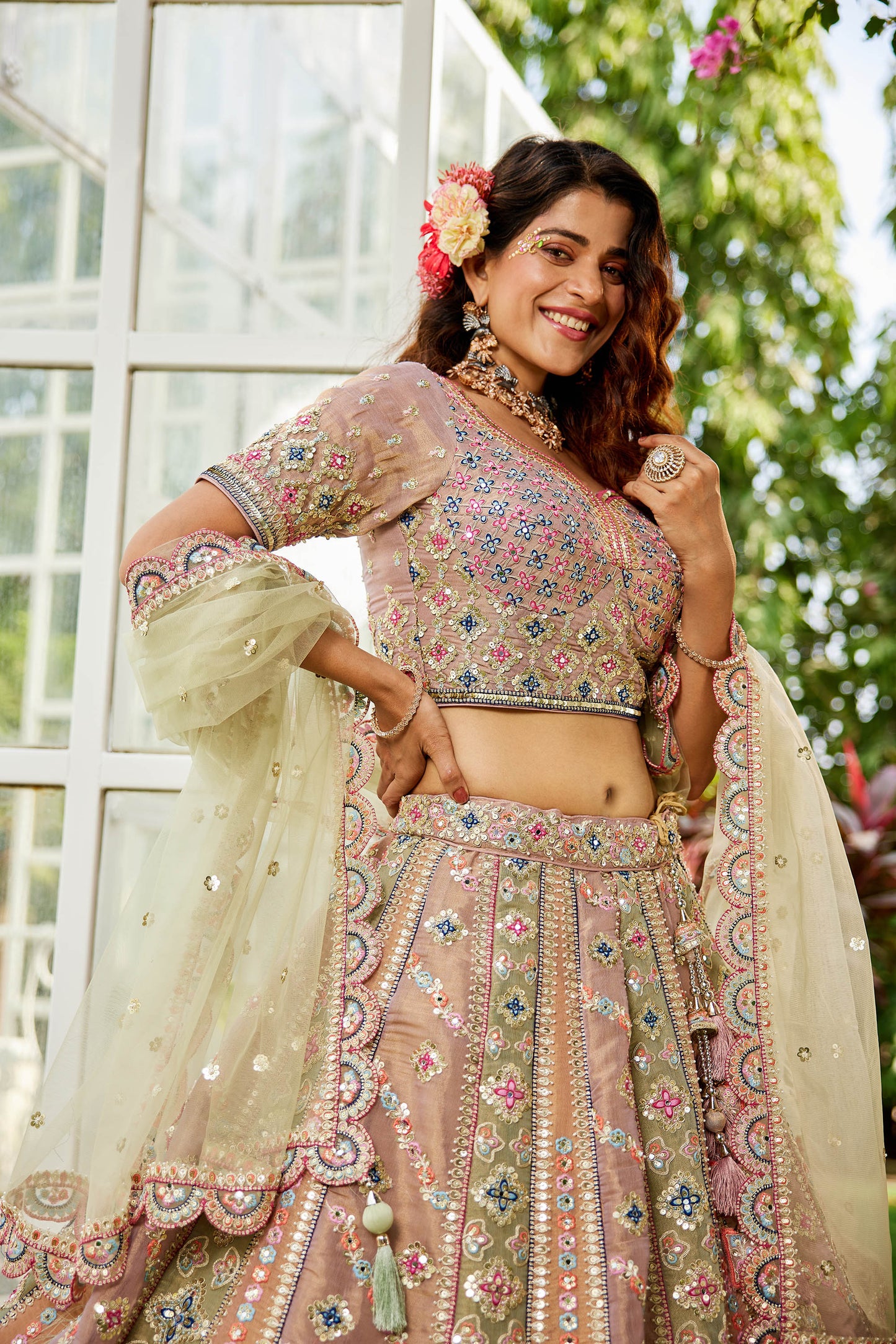 Lime Green Bridal net and Gotapatti & Moti embroidery Lehenga choli & Dupatta