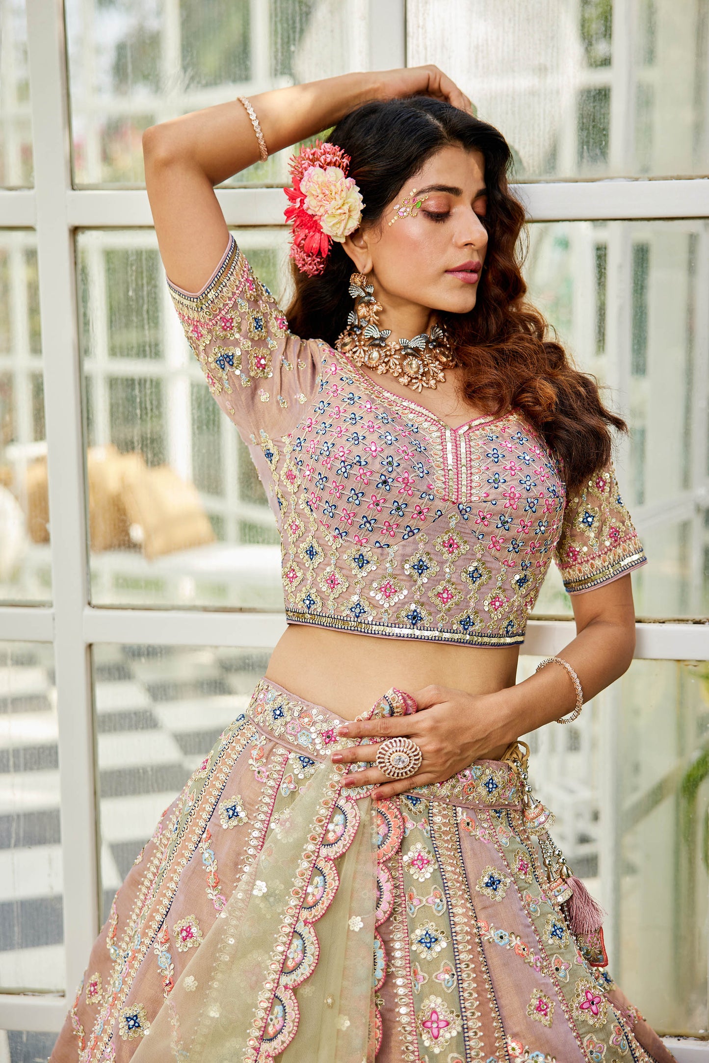 Lime Green Bridal net and Gotapatti & Moti embroidery Lehenga choli & Dupatta