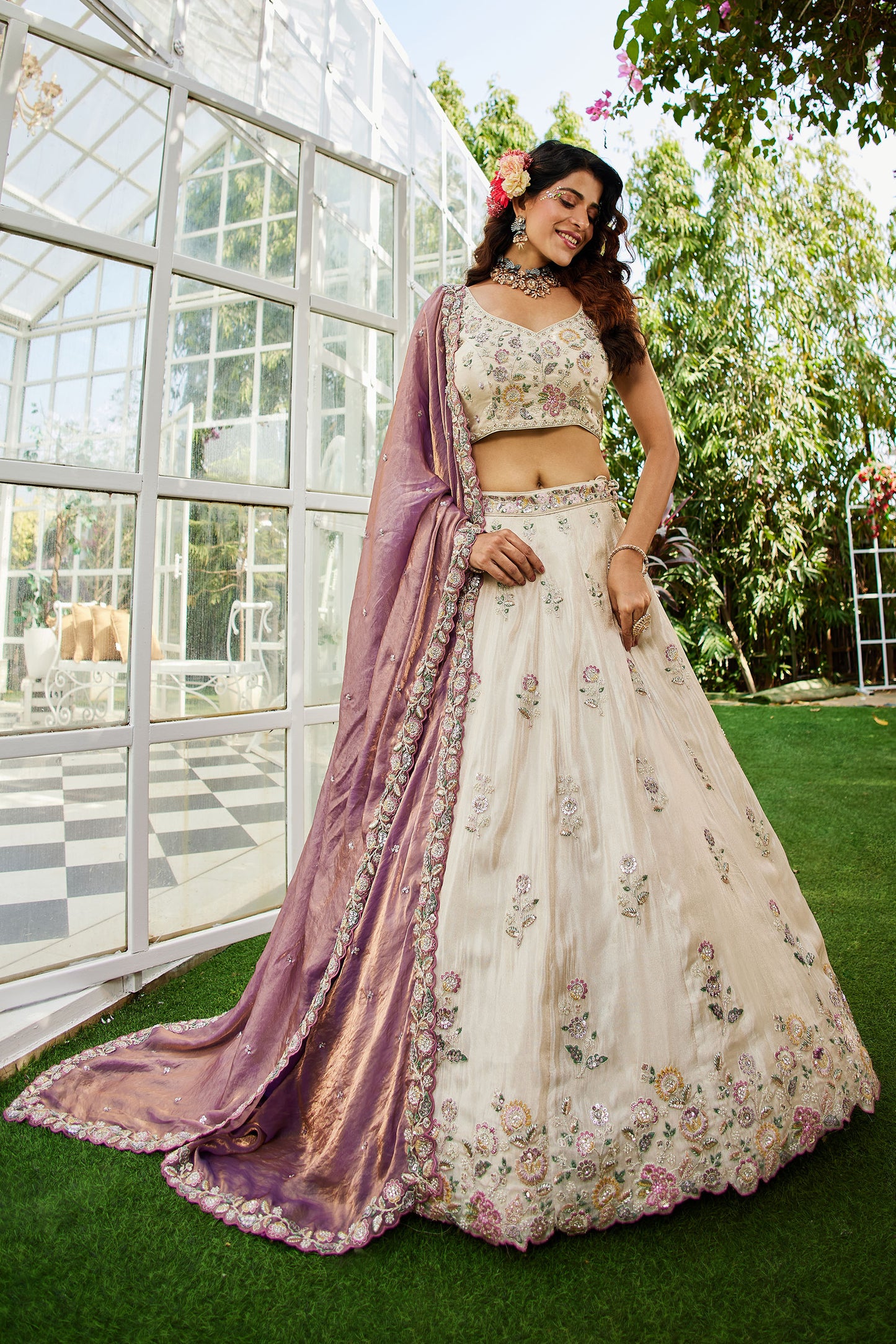 Purple colour tissue Fabric with Sequins & Thread embroidery Lehenga choli & Dupatta