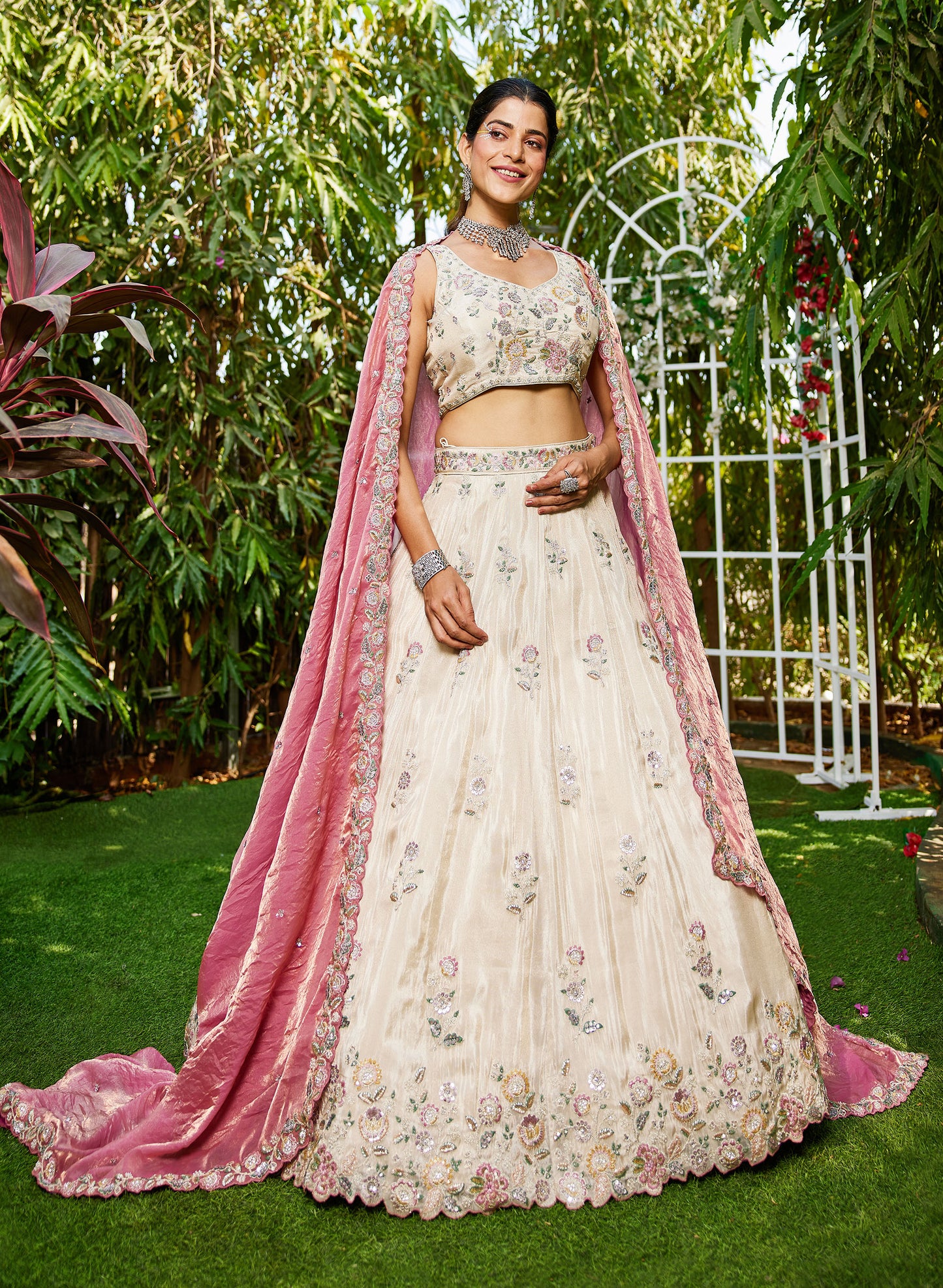 Pink colour tissue Fabric with Sequins & Thread embroidery Lehenga choli & Dupatta