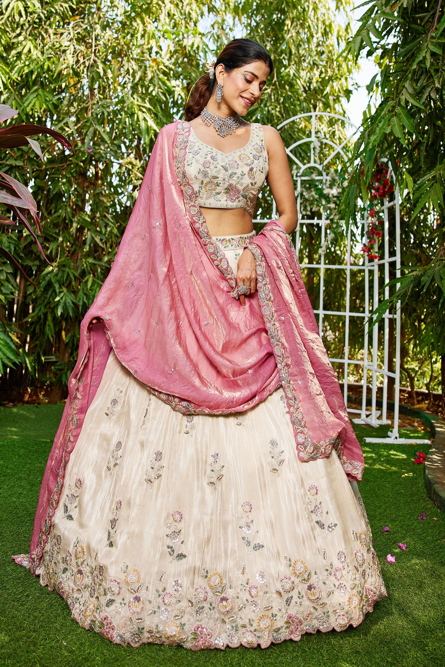 Pink colour tissue Fabric with Sequins & Thread embroidery Lehenga choli & Dupatta