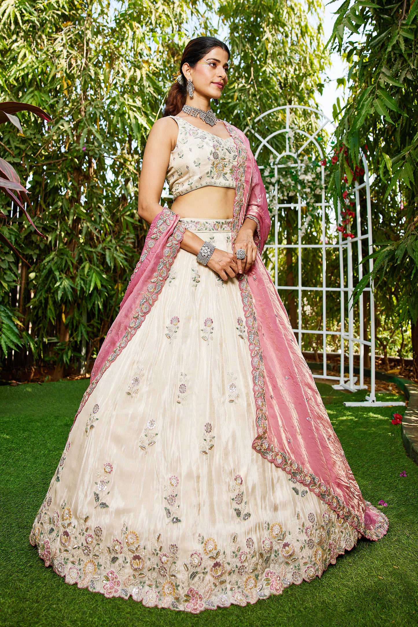 Pink colour tissue Fabric with Sequins & Thread embroidery Lehenga choli & Dupatta