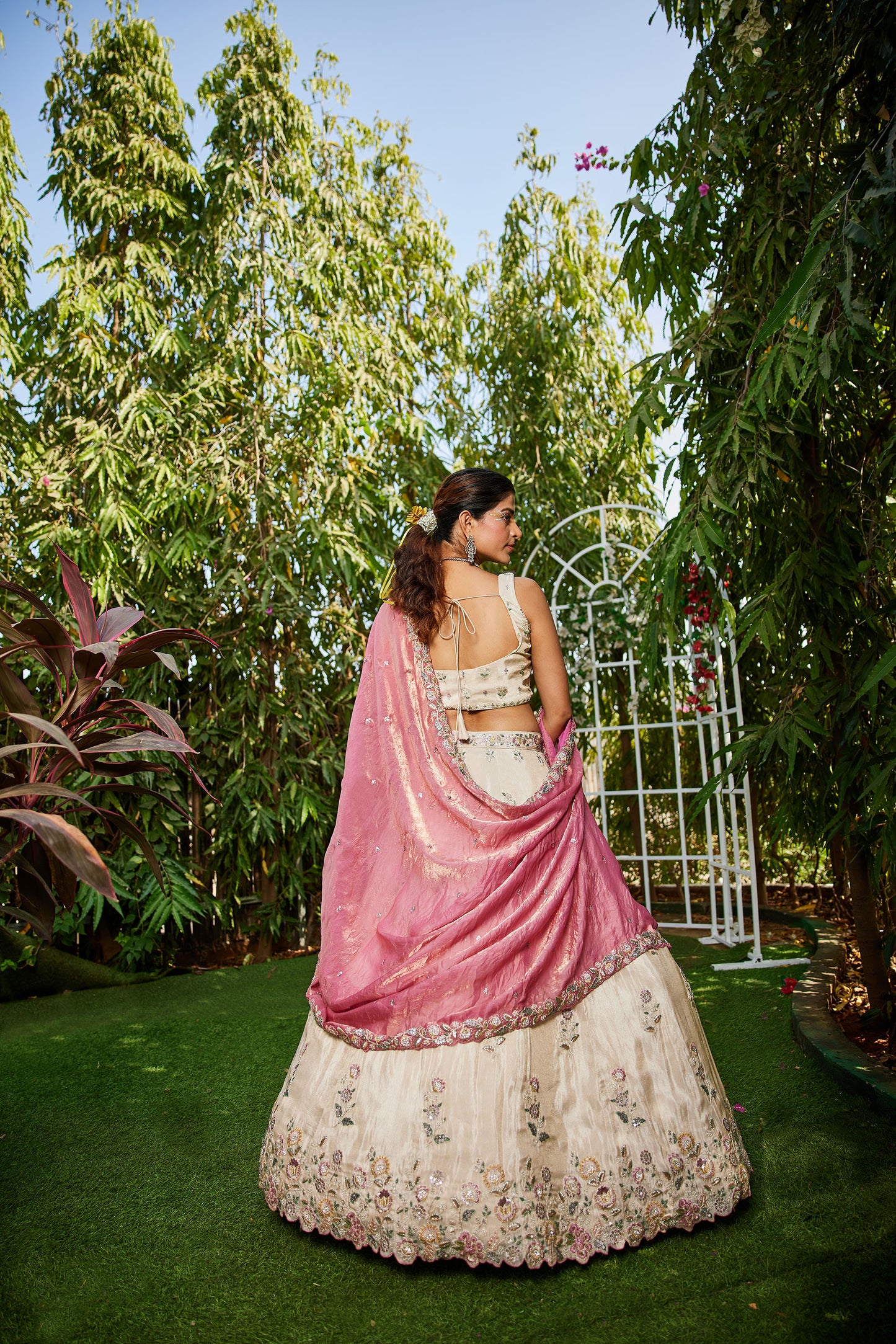 Pink colour tissue Fabric with Sequins & Thread embroidery Lehenga choli & Dupatta