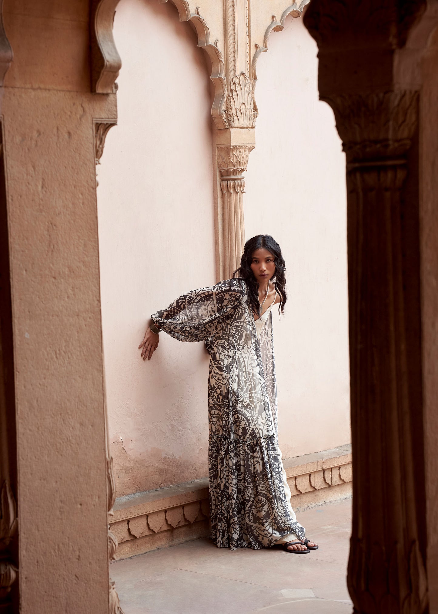 Qala Geometric Motif Jumpsuit with Flowy Printed Jacket