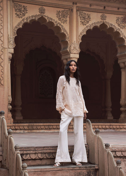 Arzoo Ivory floral embroidery Top & Pearl White Organza Palazzo Set