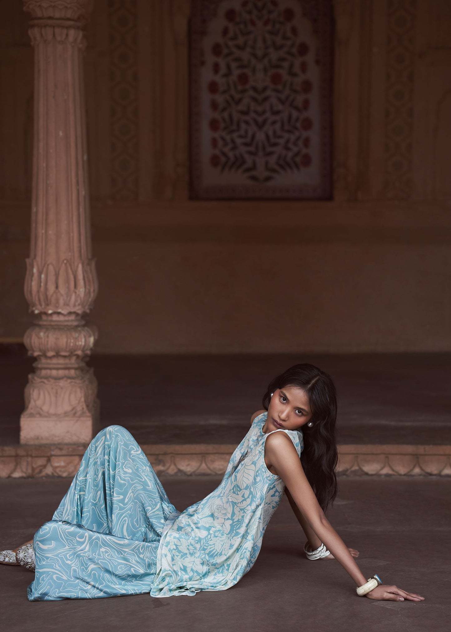 Indus Ice-Blue Floral Kurta Tunic & Textured Crepe Dhoti