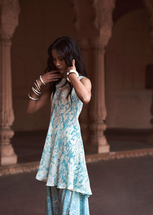 Indus Ice-Blue Floral Kurta Tunic & Textured Crepe Dhoti