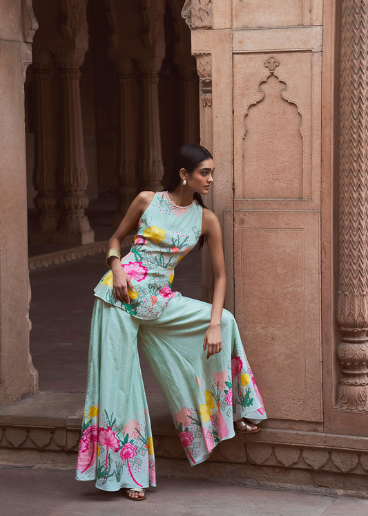 Ananda Aquatic Floral Peplum Top & Textured Palazzo Pants Set