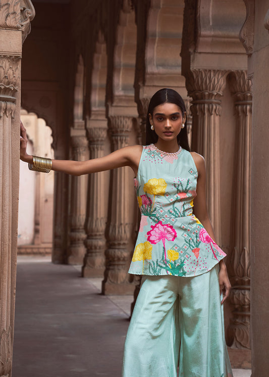 Ananda Aquatic Floral Peplum Top & Textured Palazzo Pants Set