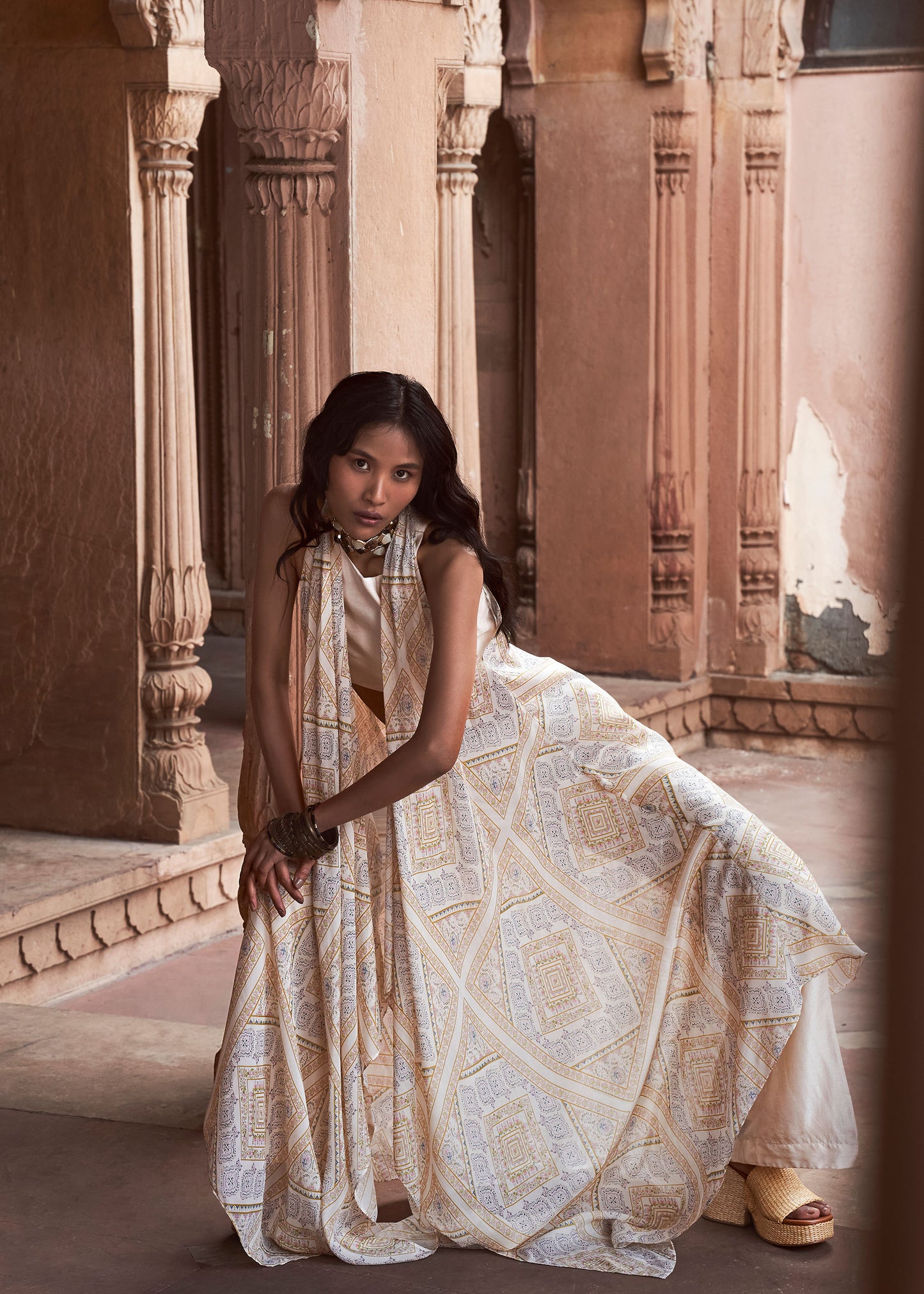 Taara Ivory Silk Ensemble with Printed Organza Jacket & Palazzo