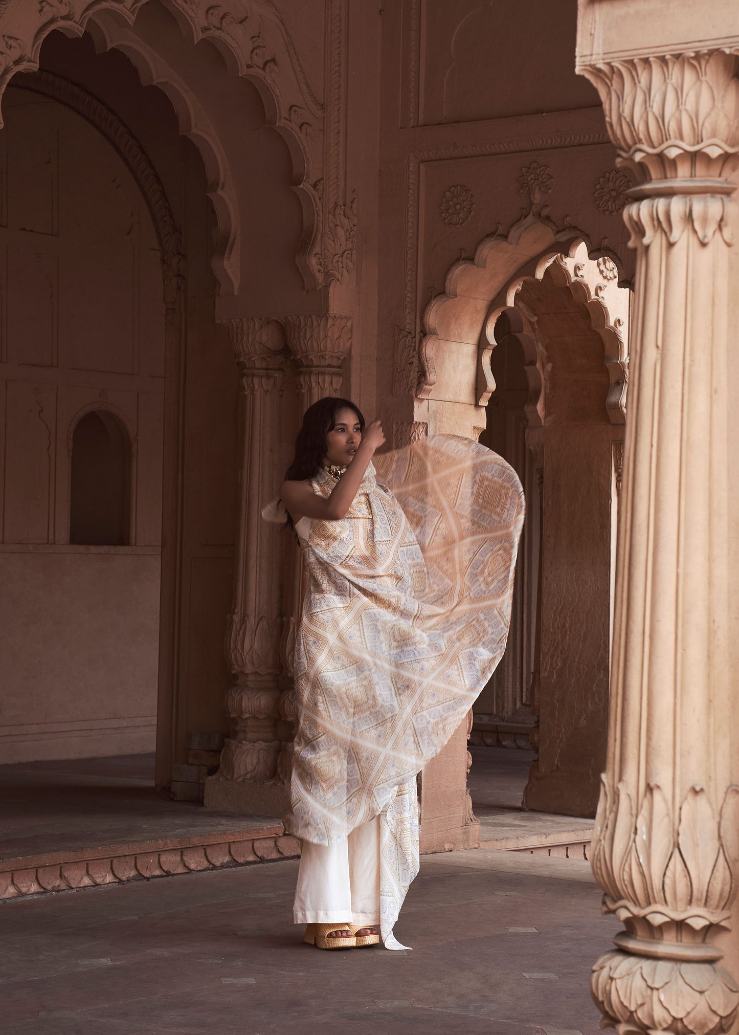 Taara Ivory Silk Ensemble with Printed Organza Jacket & Palazzo