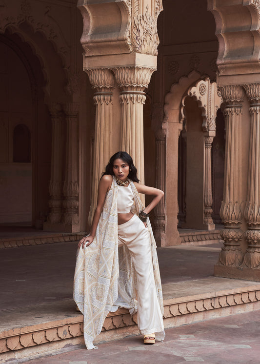 Taara Ivory Silk Ensemble with Printed Organza Jacket & Palazzo