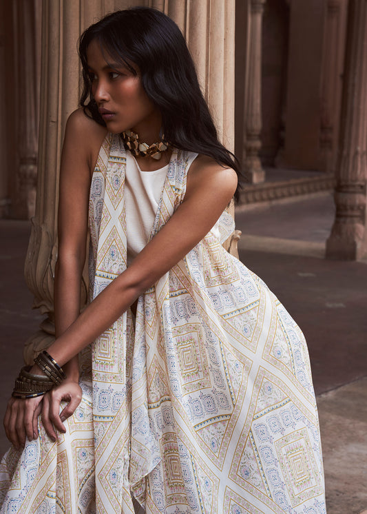 Taara Ivory Silk Ensemble with Printed Organza Jacket & Palazzo