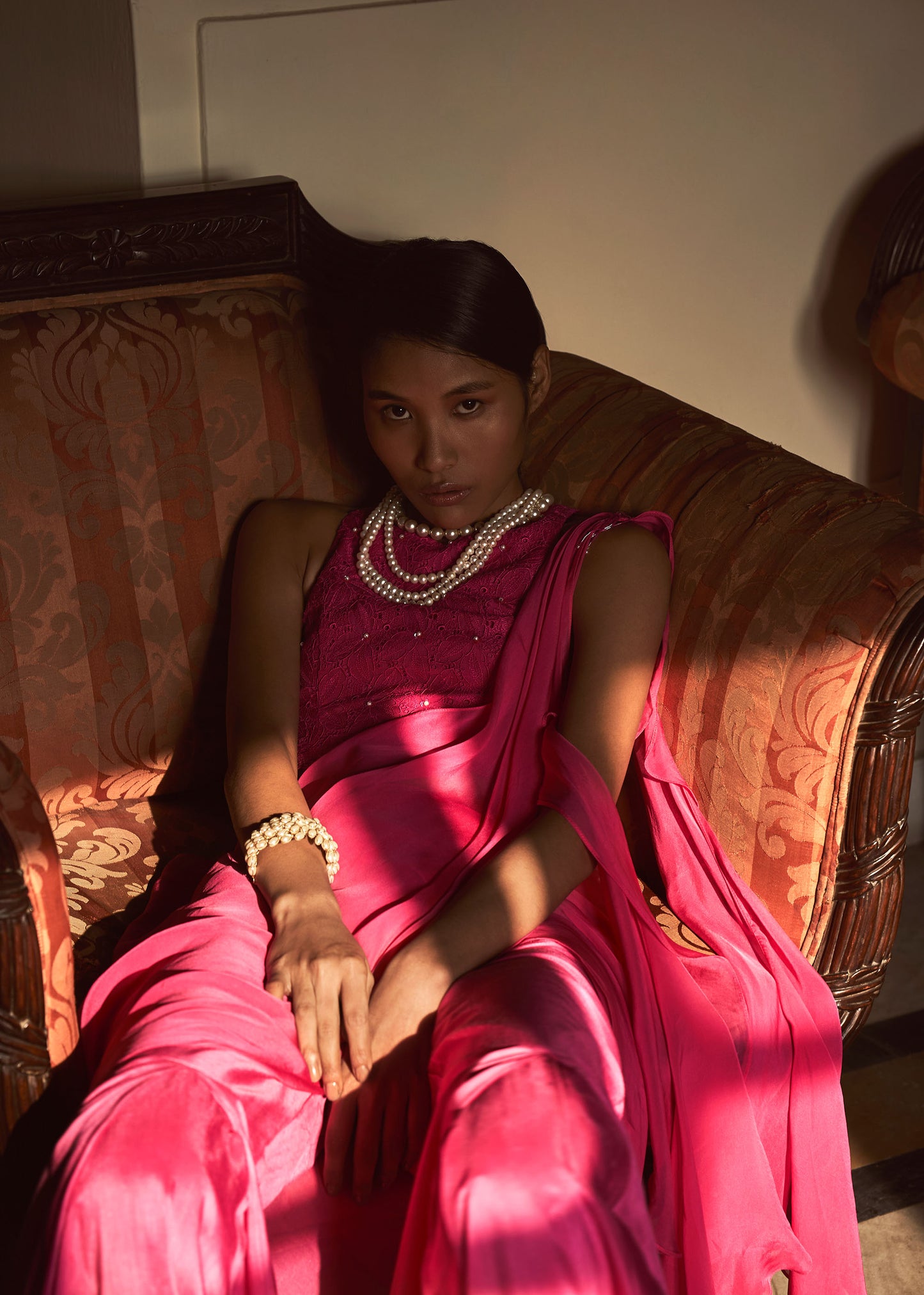 Bebo Hot Pink Organza Halter Neck schiffli embroidery Top & Sharara Set